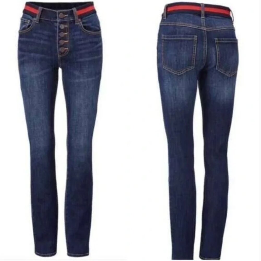 CAbi - Button Fly Skinny Jeans - Dark Wash Red Blue Belt - Size 10